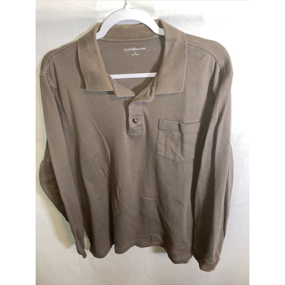 Croft & Barrow Polo Shirt Mens Size Large Brown 100% Cotton Long Sleeve Button